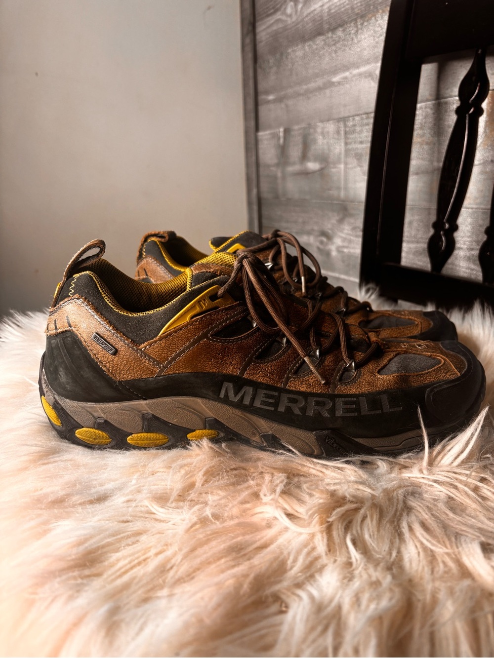 Merrell Men’s 13 waterproof brown Leather Hiking Shoes with Yellow Accents